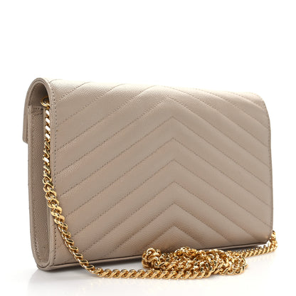 Saint Laurent Grain De Poudre Matelasse Chevron Monogram Chain Wallet Dark Beige 3 of 9