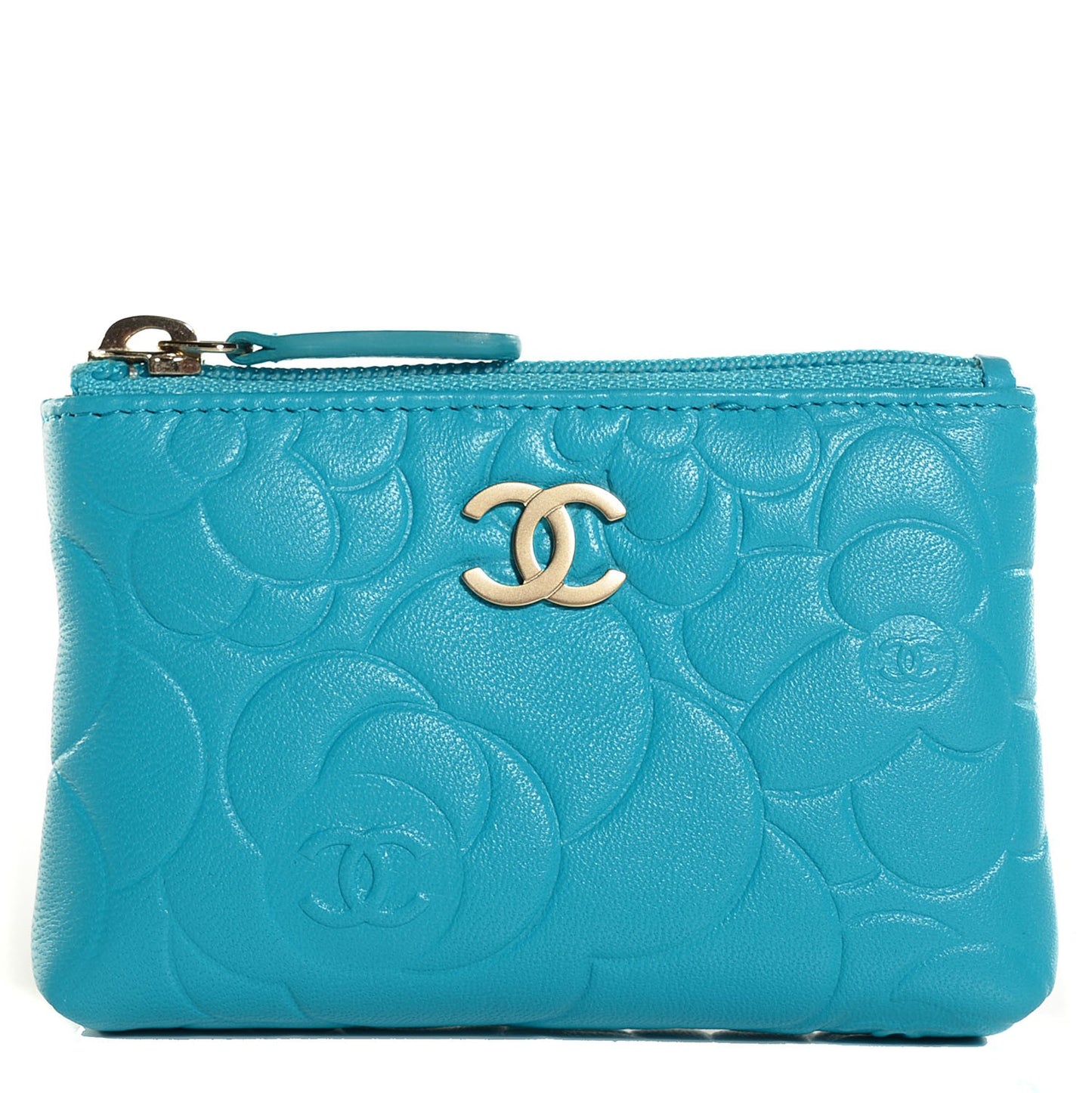 Lambskin Camellia Embossed Key Holder Case Turquoise