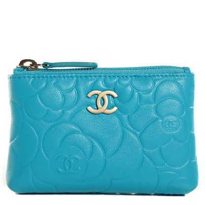 Chanel Lambskin Camellia Embossed Key Holder Case Turquoise 1 of 8
