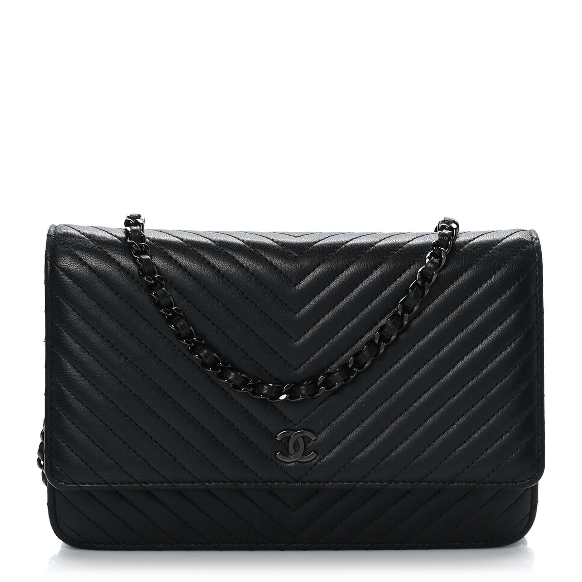 Chanel Lambskin Chevron Quilted Wallet On Chain WOC So Black 1 of 10