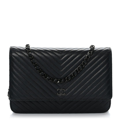Chanel Lambskin Chevron Quilted Wallet On Chain WOC So Black 1 of 10