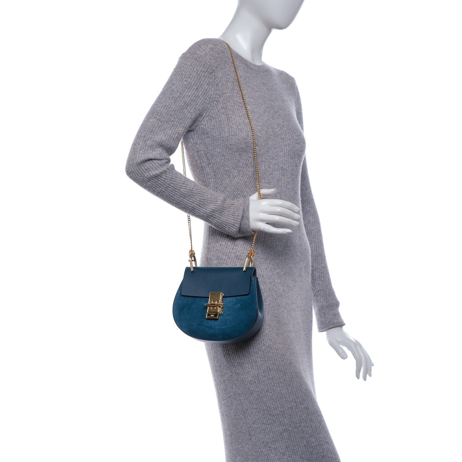 美品　Chloé Drew スモール ショルダーバッグ ネイビー Chloe Navy/Green Suede and Lambskin Leather Small Drew Bag