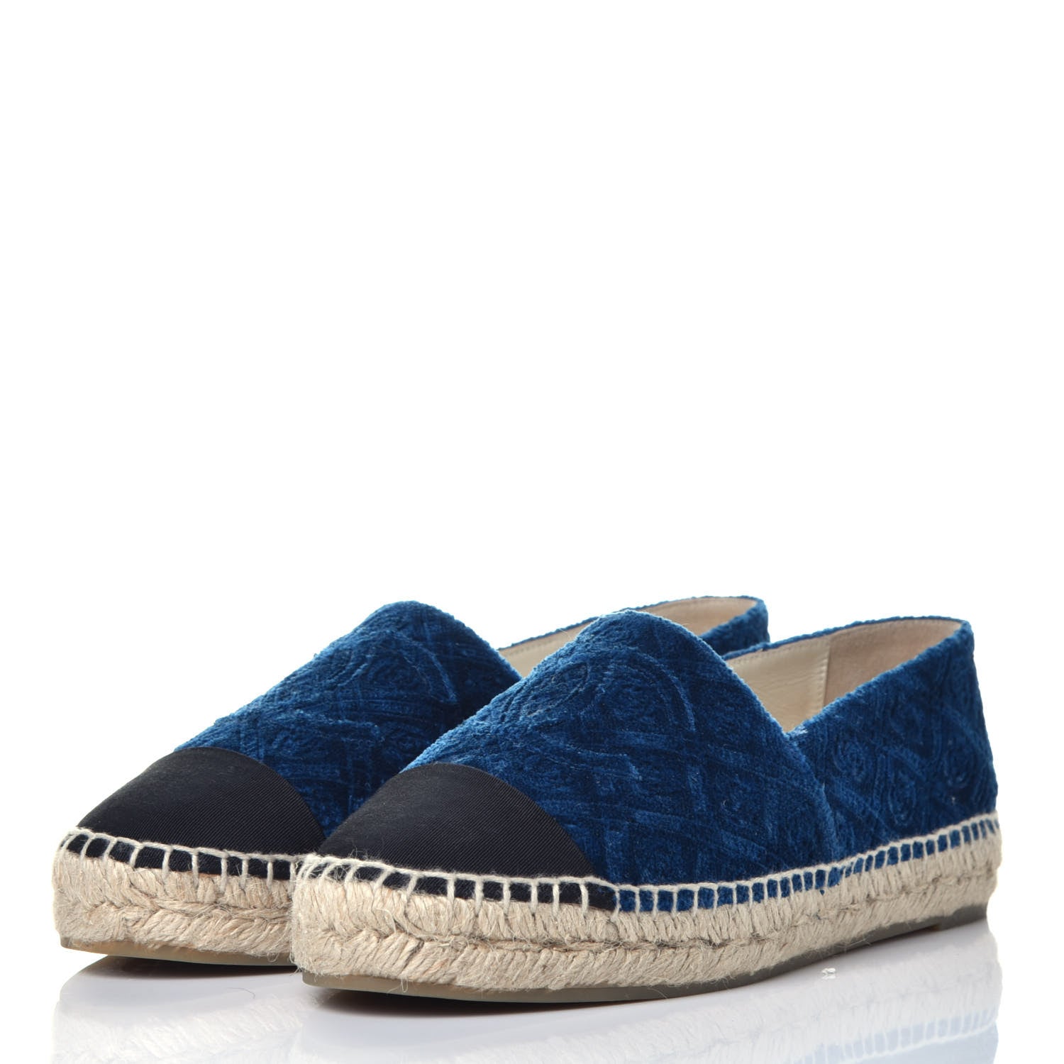 Chanel Velvet Grosgrain Quilted Camellia CC Espadrilles 37 Navy Black 3 of 7