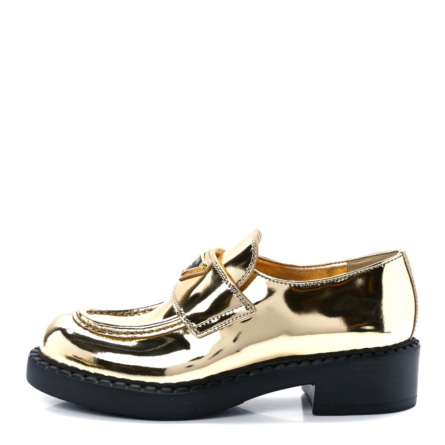 Metallic Brushed Calfskin Metal Triangle Logo 50mm Loafers 35 Platino