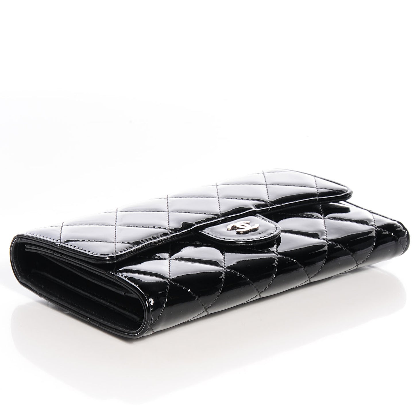 Patent Quilted Large Flap Wallet Black