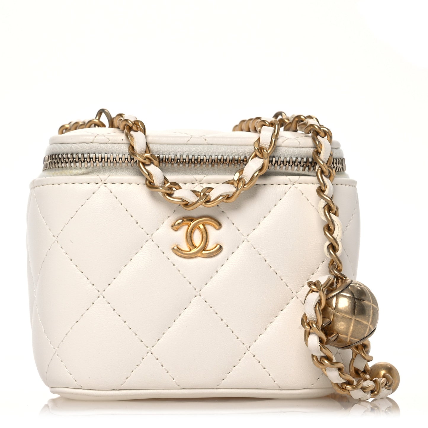 Lambskin Quilted Pearl Crush Mini Vanity Case With Chain White