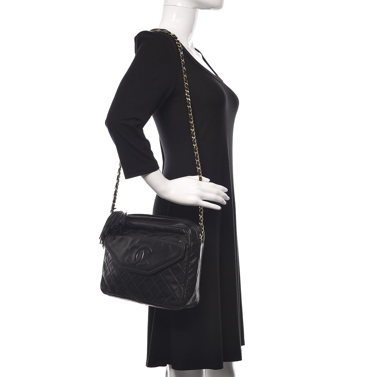 Lambskin Quilted Tassel Camera Case Black
