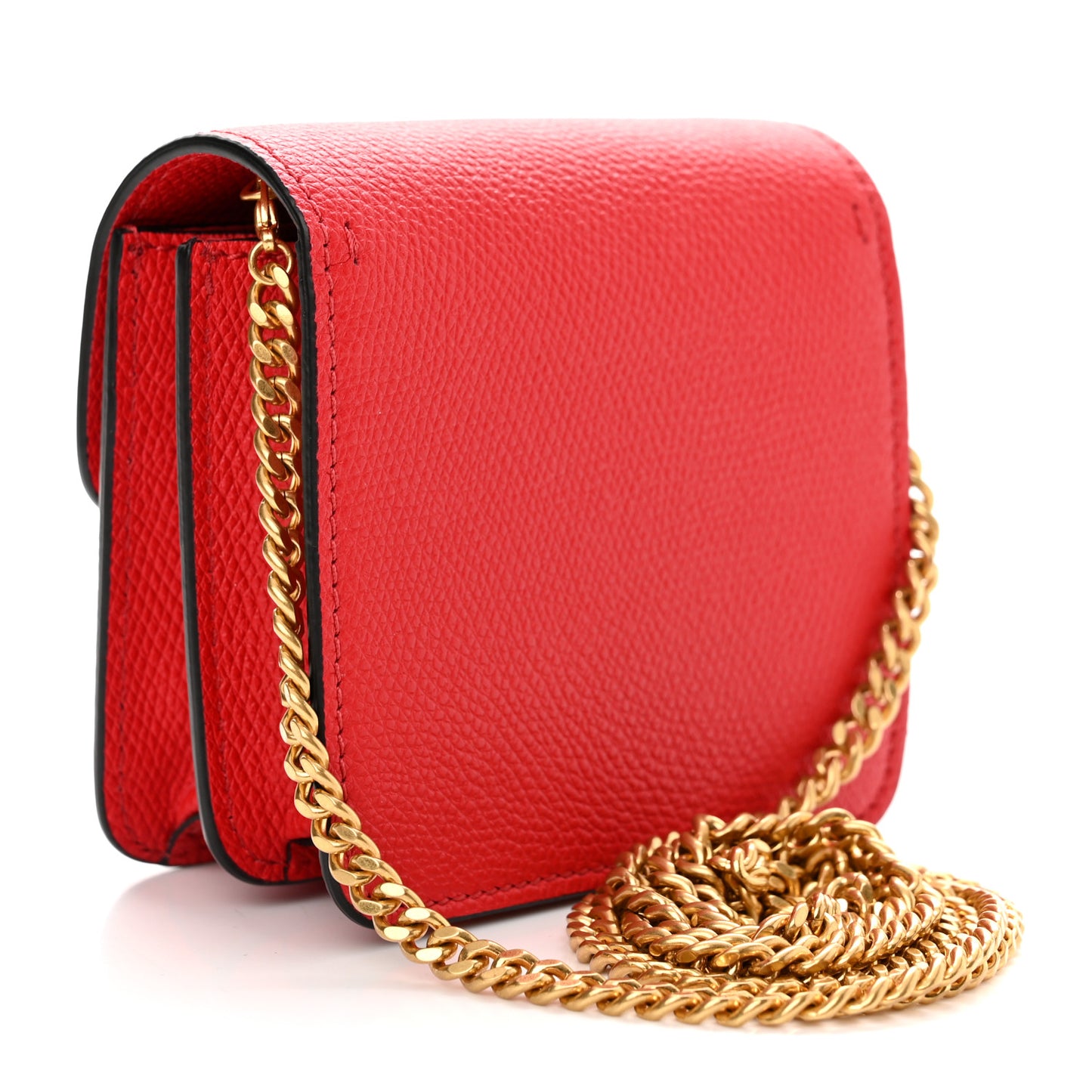 Grainy Calfskin VLogo Compact Wallet with Chain Rouge Pur