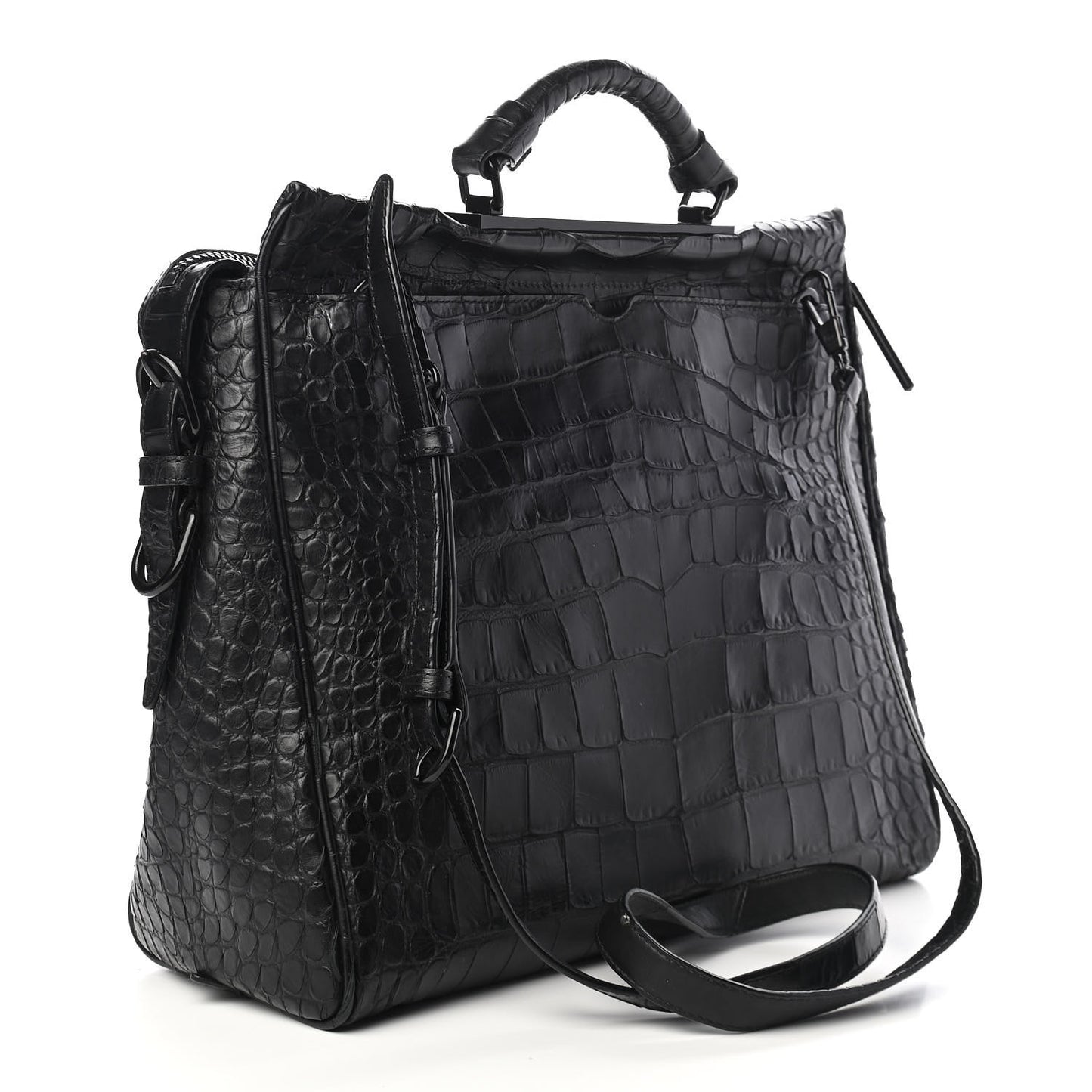 Crocodile Embossed Large Ryder Satchel Black