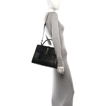 Saint Laurent Shiny Calfskin Crocodile Embossed Le Fermoir Top Handle Bag Black 2 of 10