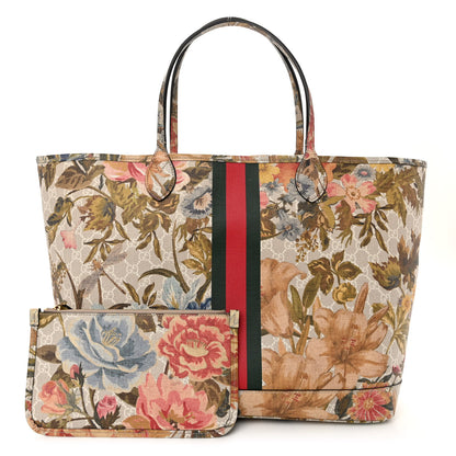 Gucci GG Supreme Monogram Water Flora Web Large Ophidia Tote Beige White Multicolor 1 of 12
