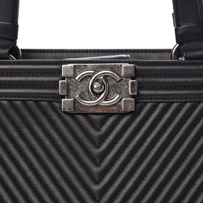 Chanel Calfskin Chevron Quilted Boy Shopping Tote Black 8 of 14