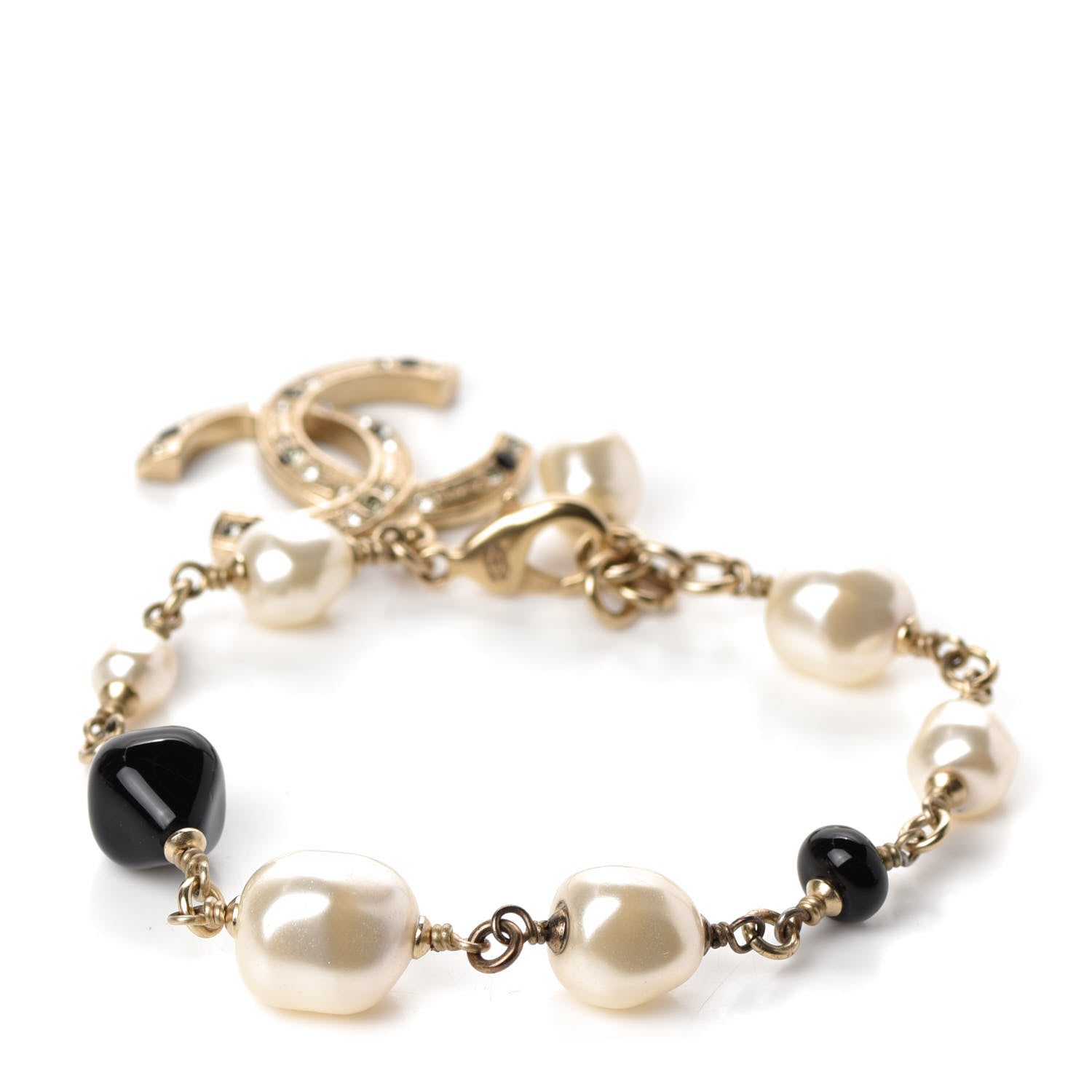 Chanel Pearl Crystal Beaded CC Bracelet Black Gold 3 of 4