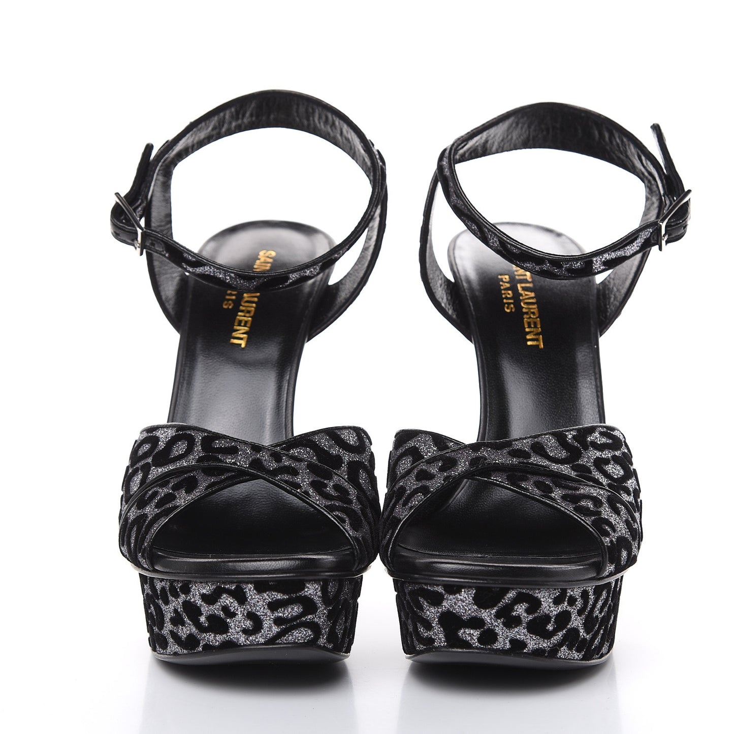 Velvet Glitter Leopard Print Platform Sandals 37.5 Argento Black