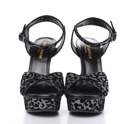 Saint Laurent Velvet Glitter Leopard Print Platform Sandals 37.5 Argento Black 2 of 9