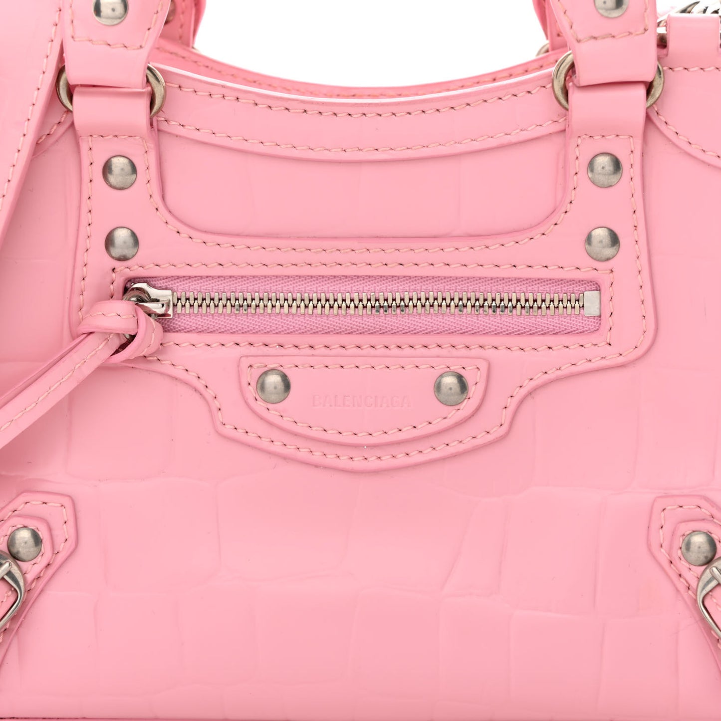 Semi Shiny Calfskin Crocodile Embossed Neo Classic Silver Hardware Mini City Pink