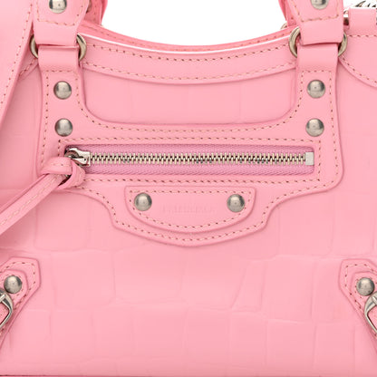 Balenciaga Semi Shiny Calfskin Crocodile Embossed Neo Classic Silver Hardware Mini City Pink 8 of 11
