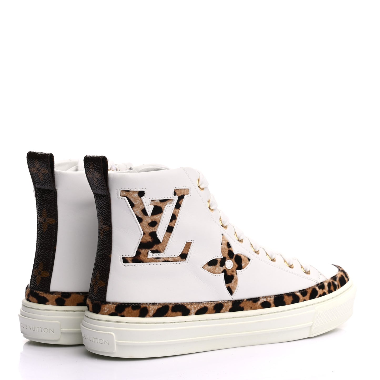 Pony Hair Leopard Calfskin Monogram Giant Stellar Sneaker Boots 35 White