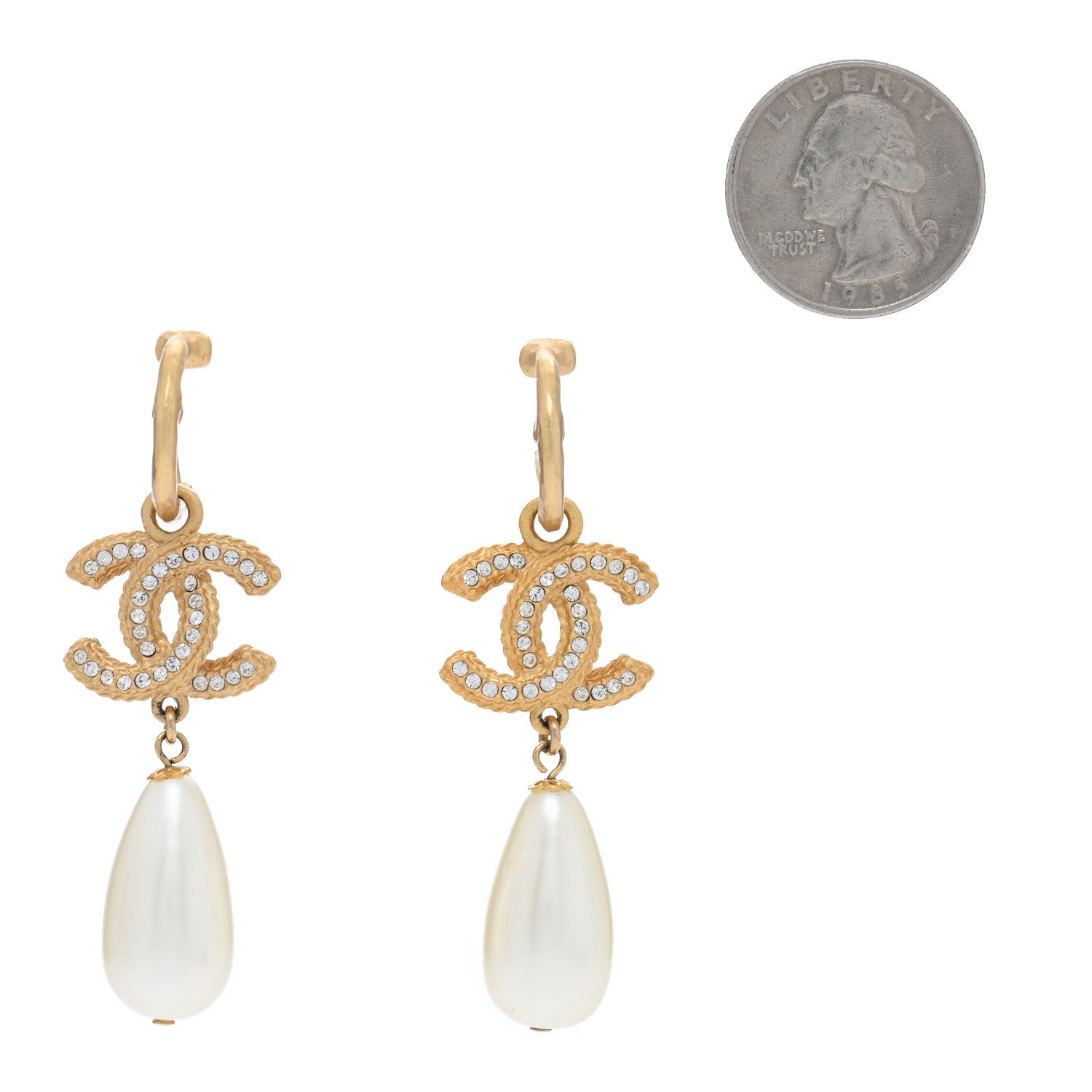 Chanel Crystal Pearl CC Drop Earrings Gold 2 of 5