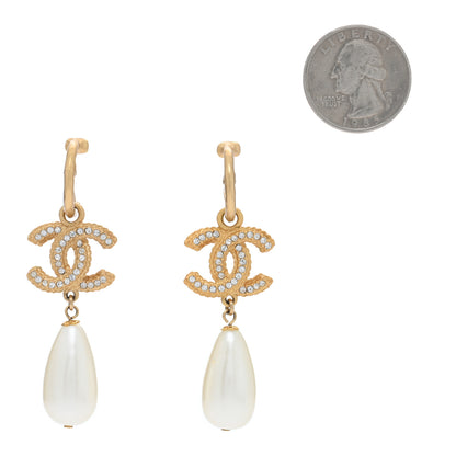 Chanel Crystal Pearl CC Drop Earrings Gold 2 of 5