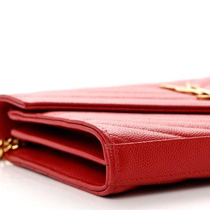 Saint Laurent Grain De Poudre Matelasse Chevron Monogram Chain Wallet New Red 7 of 8
