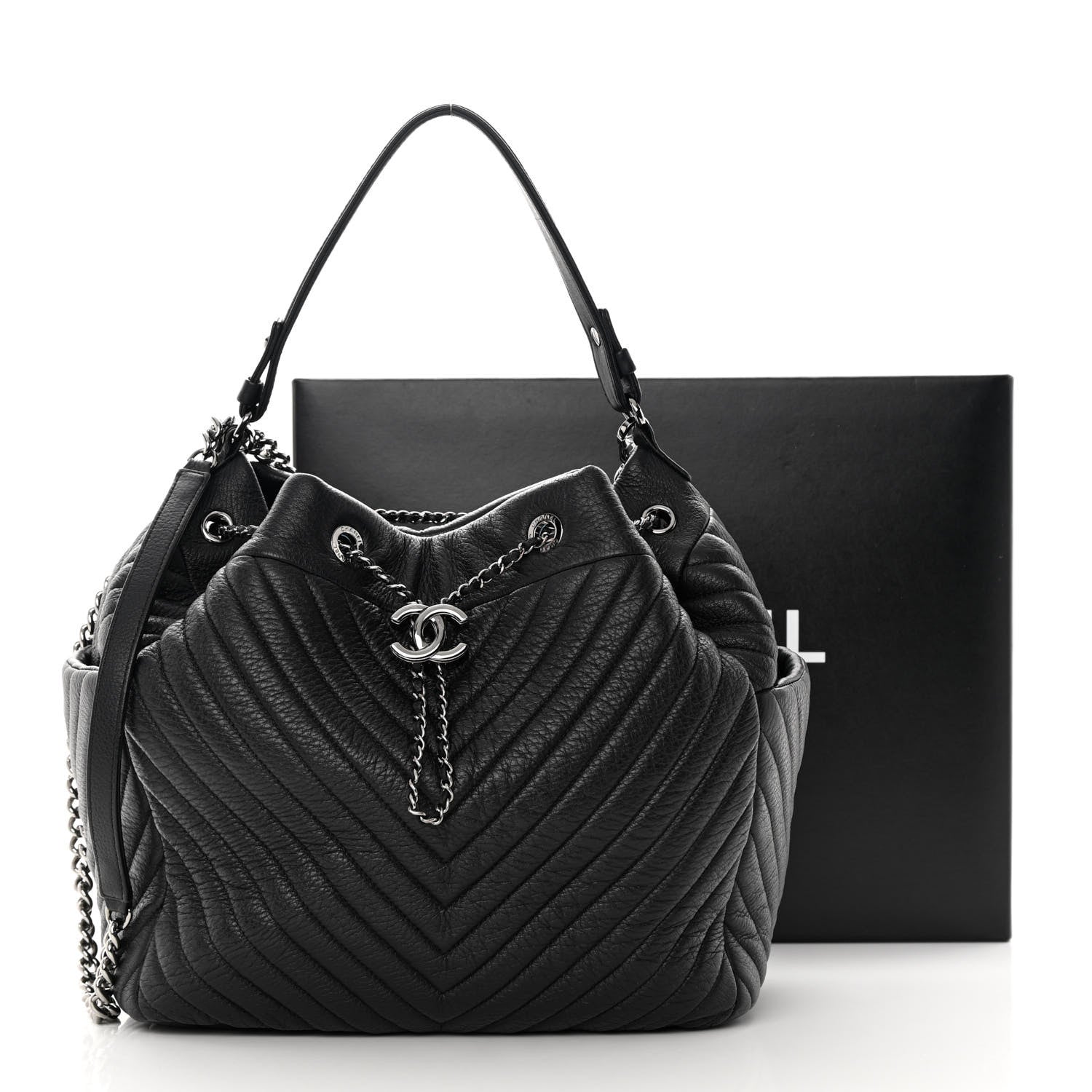 Chanel Deerskin Chevron Large CC Chain Bucket Drawstring Bag Black 15 of 15