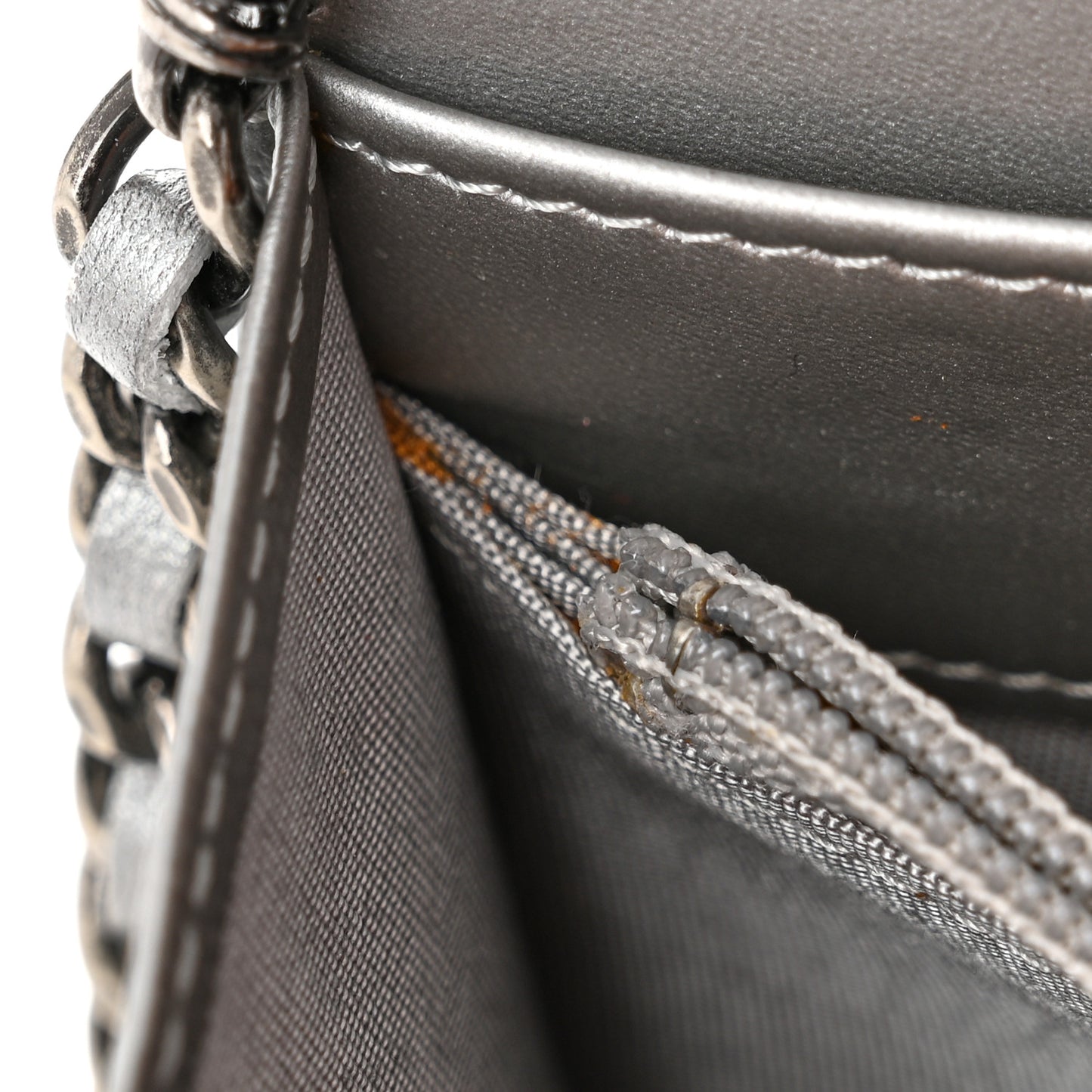 Metallic Caviar Chevron Quilted Boy Wallet On Removable Chain WOC Silver