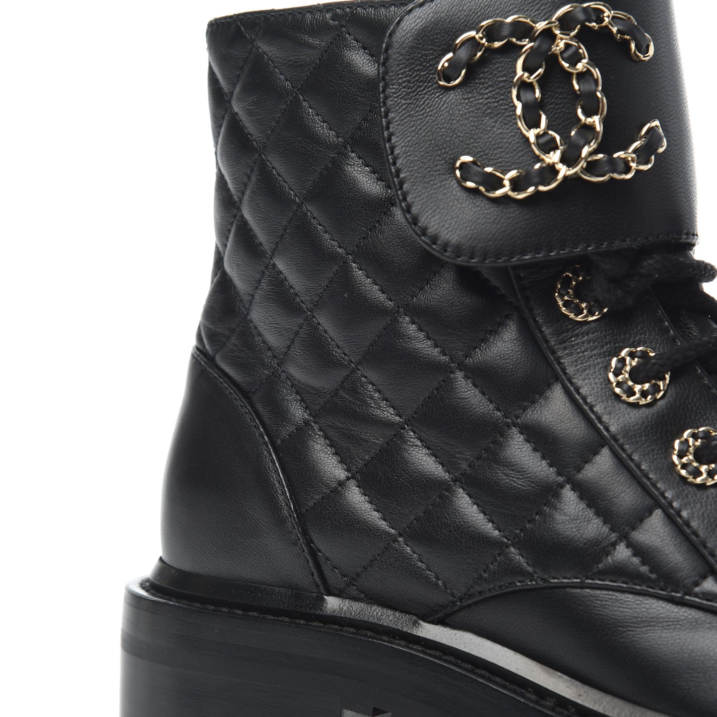 Shiny Lambskin Quilted Lace Up Combat Boots 37.5 Black