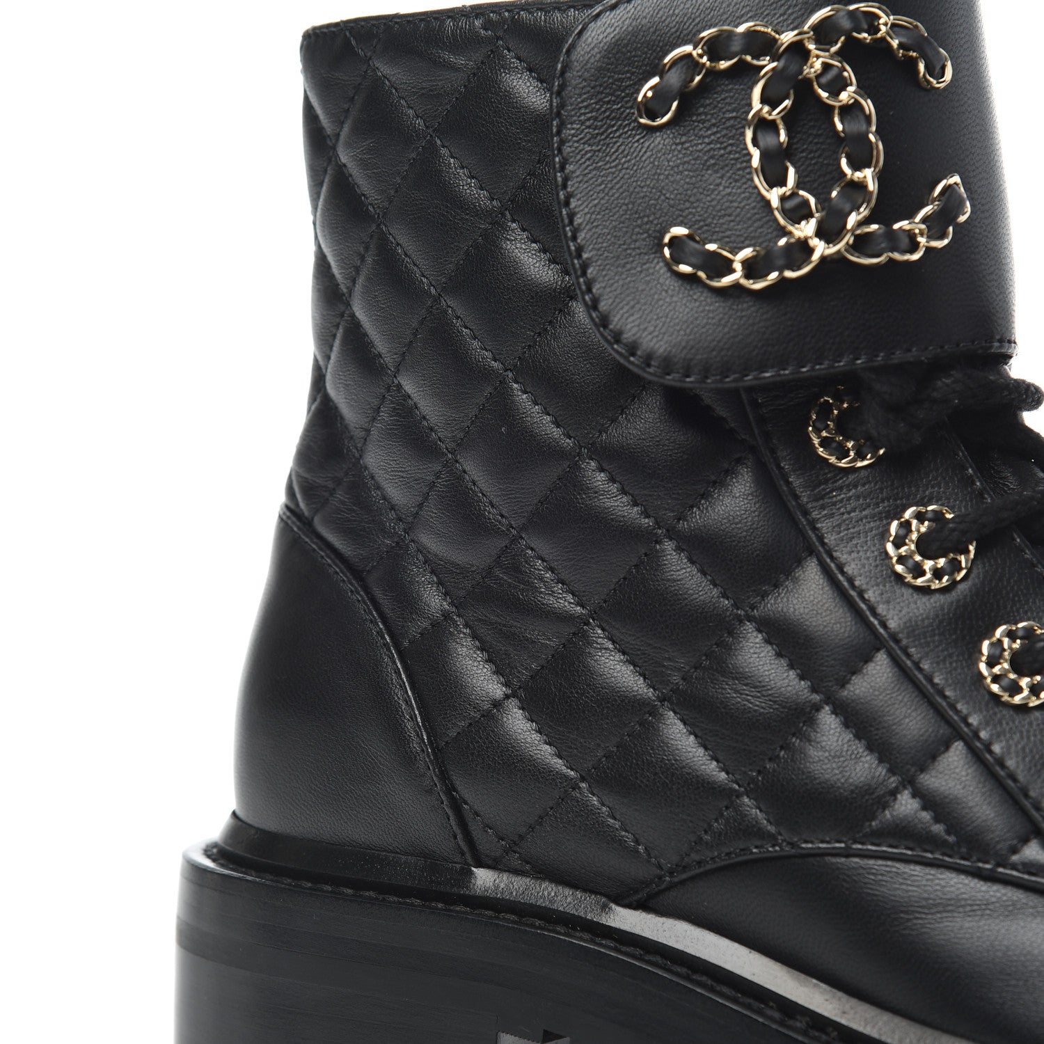 Chanel Shiny Lambskin Quilted Lace Up Combat Boots 37.5 Black 9 of 13