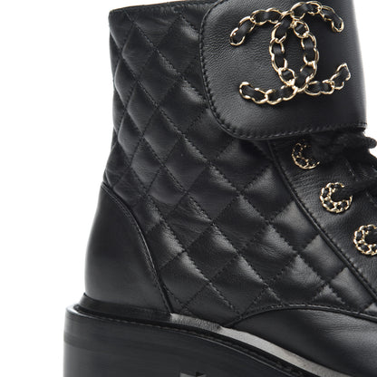 Chanel Shiny Lambskin Quilted Lace Up Combat Boots 37.5 Black 9 of 13