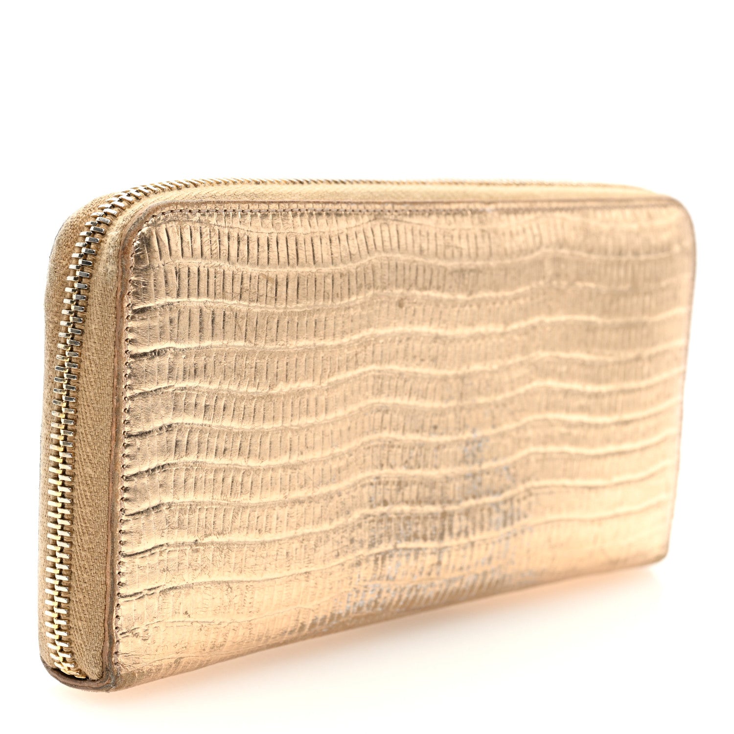 Saint Laurent Lizard Calfskin Embossed Monogram Zip Around Wallet Gold 3 of 7
