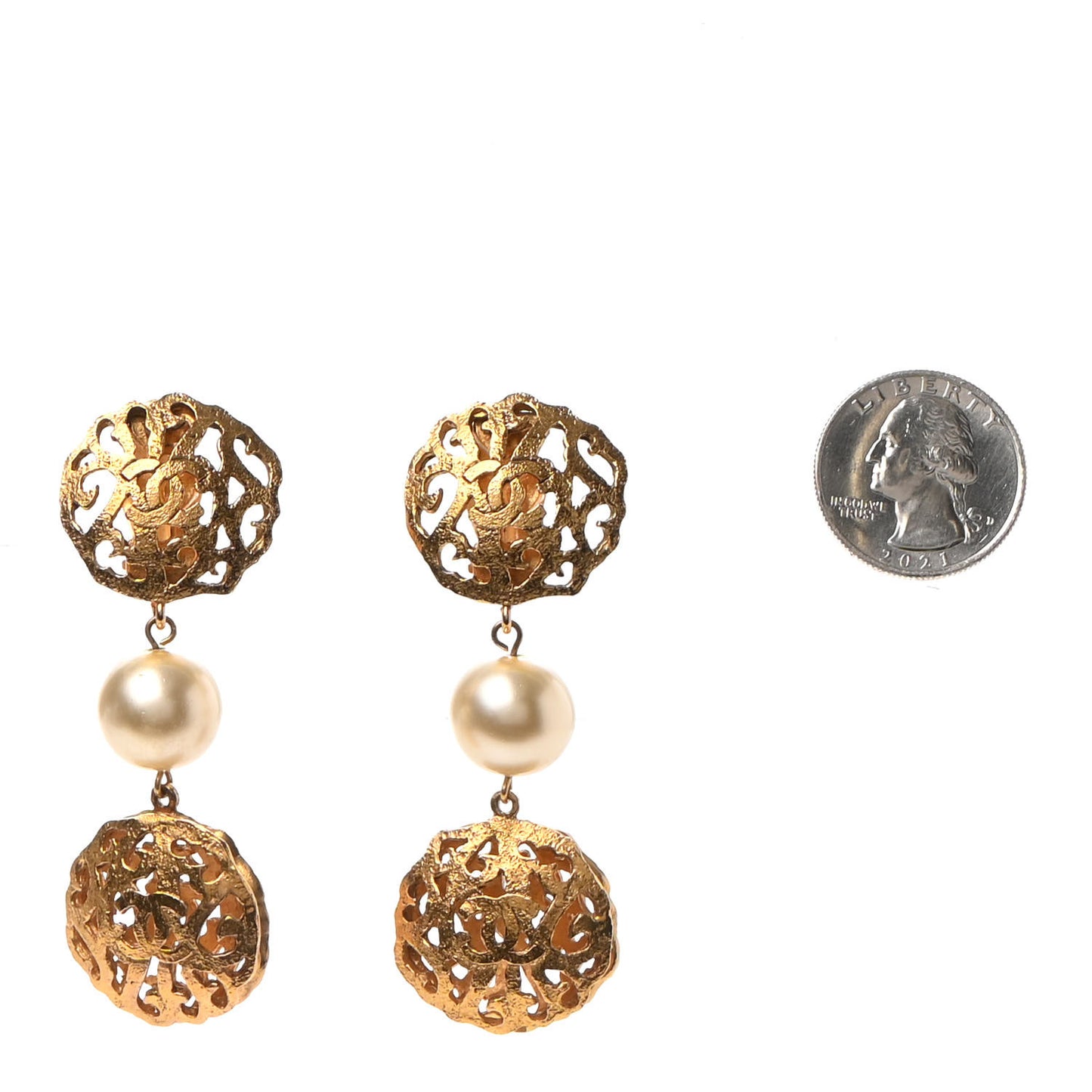 Pearl CC Dangle Clip On Earrings Gold