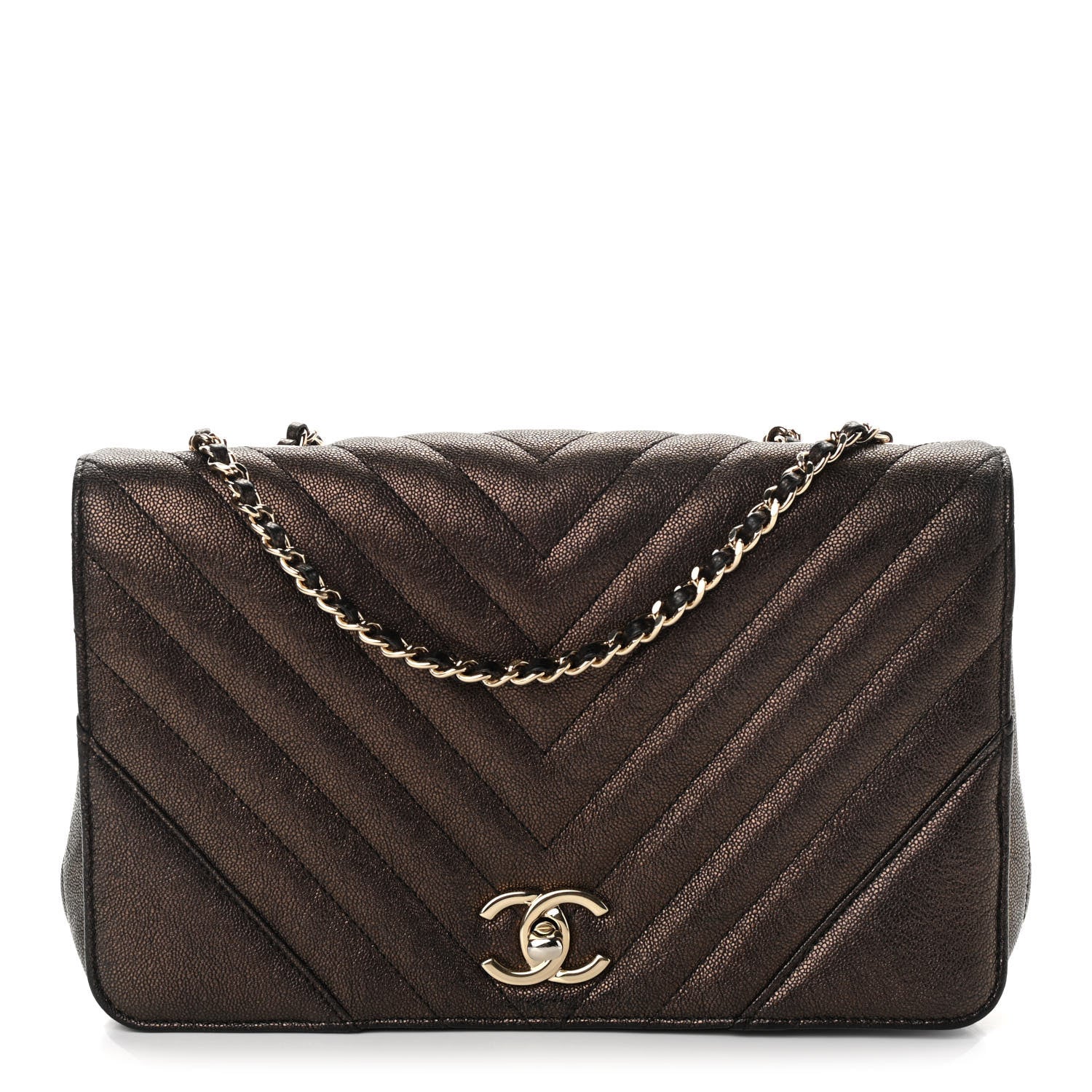Chanel Metallic Caviar Chevron Quilted Medium Statement Flap Bronze 1 of 12