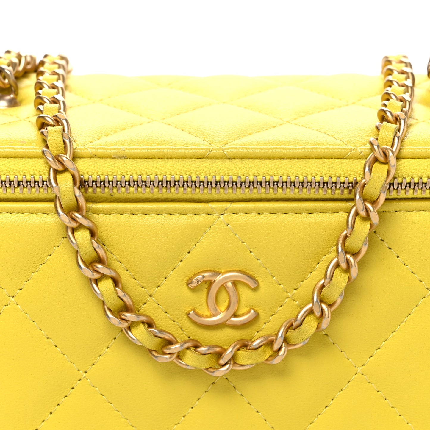 Lambskin Quilted Small Pearl Crush Vanity Case With Chain Yellow