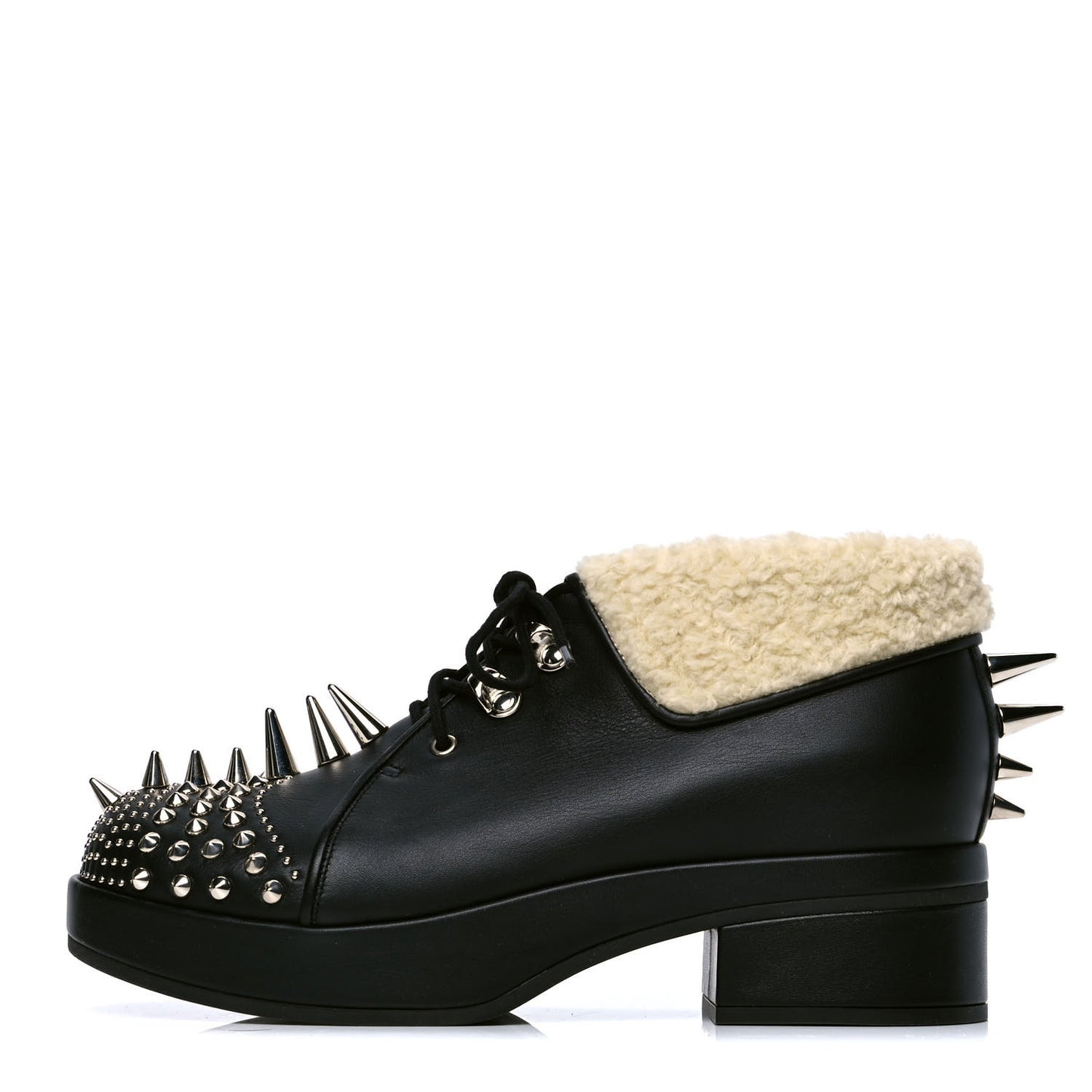 Calfskin Faux Shearling Studded Victor Ankle Boots 37.5 Black Mystic White