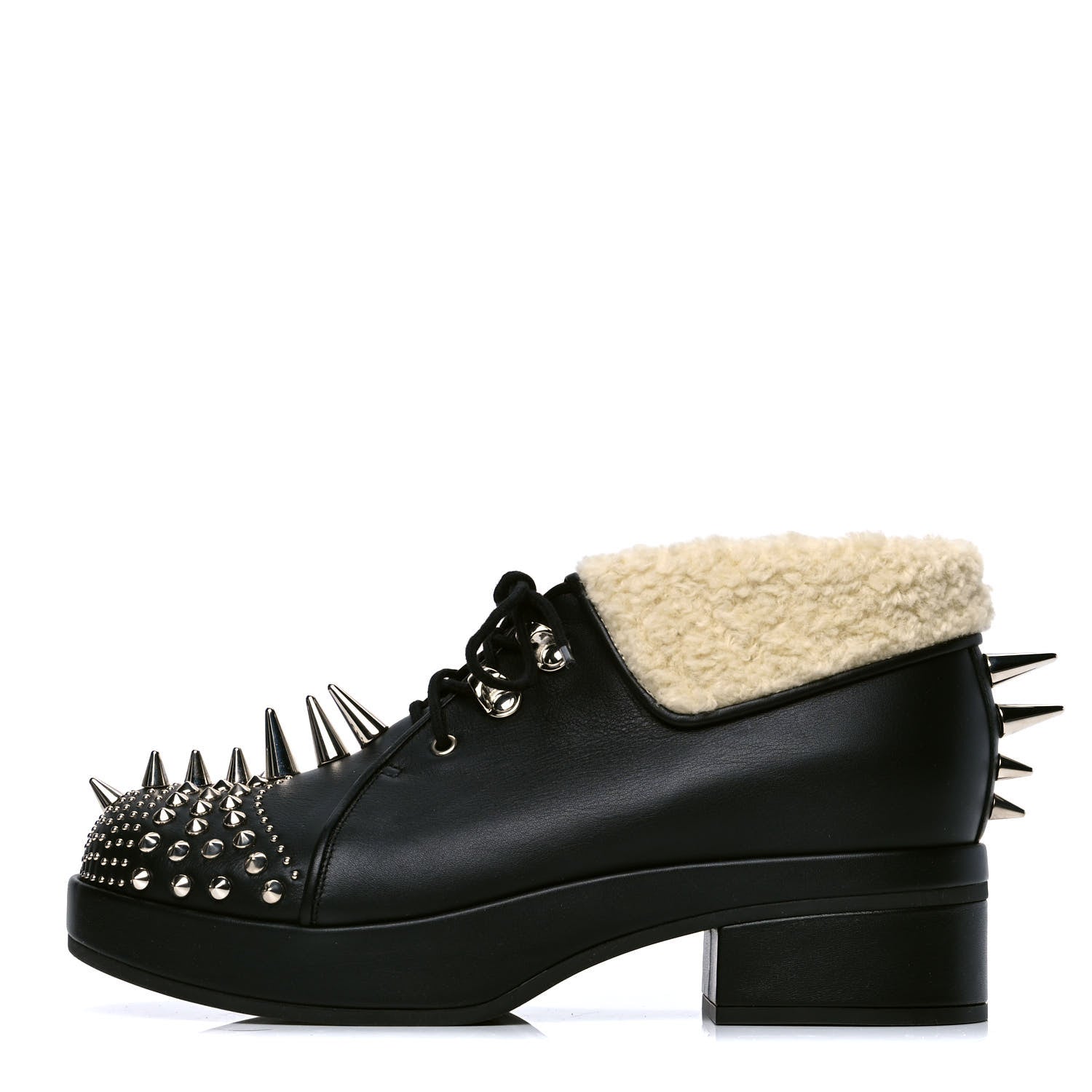 Gucci Calfskin Faux Shearling Studded Victor Ankle Boots 37.5 Black Mystic White 1 of 4