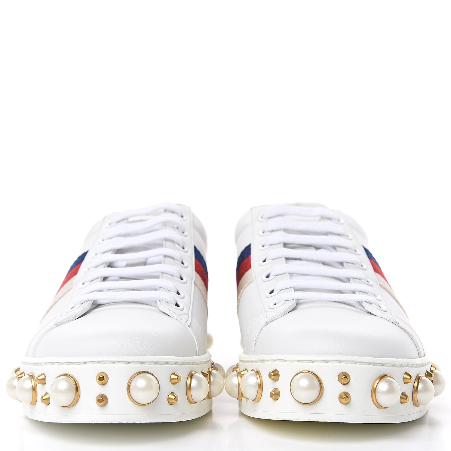 Gucci Calfskin Ayers Web Pearl Studded Womens Ace Sneakers 38 White 2 of 10