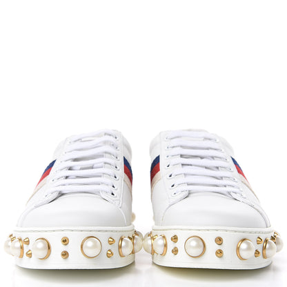 Gucci Calfskin Ayers Web Pearl Studded Womens Ace Sneakers 38 White 2 of 10