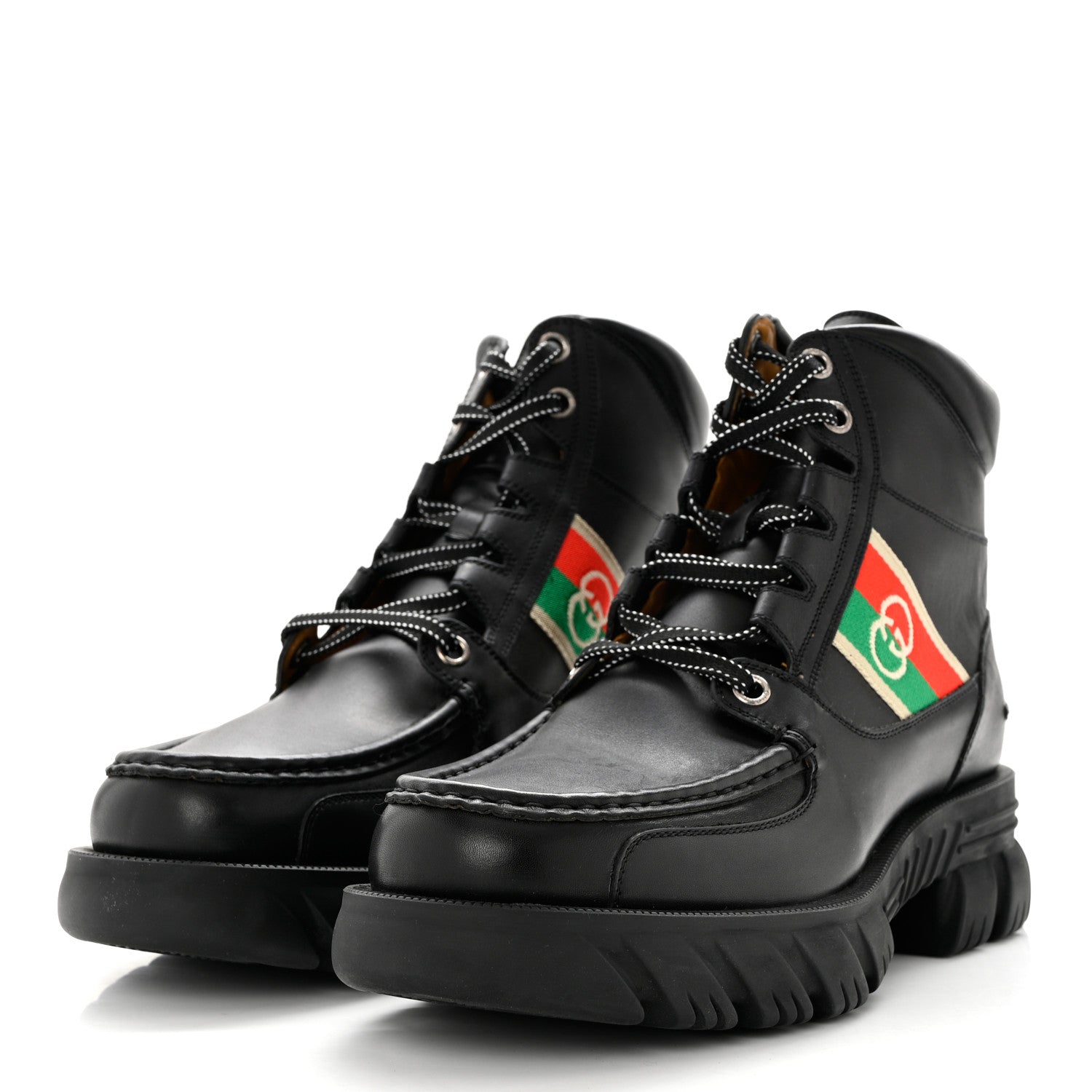 Gucci Quebec Calfskin Web Mens Interlocking G Lace Up Combat Boots 9 Black Mystic White Green Red 3 of 9