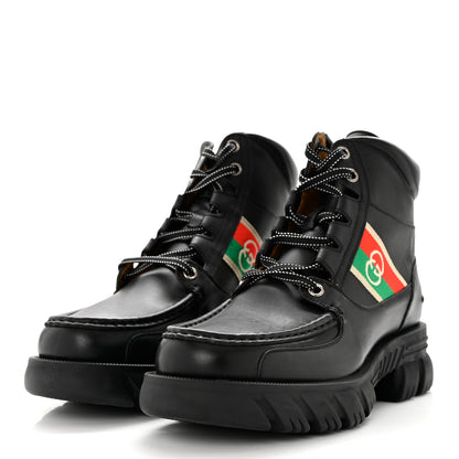 Gucci Quebec Calfskin Web Mens Interlocking G Lace Up Combat Boots 9 Black Mystic White Green Red 3 of 9