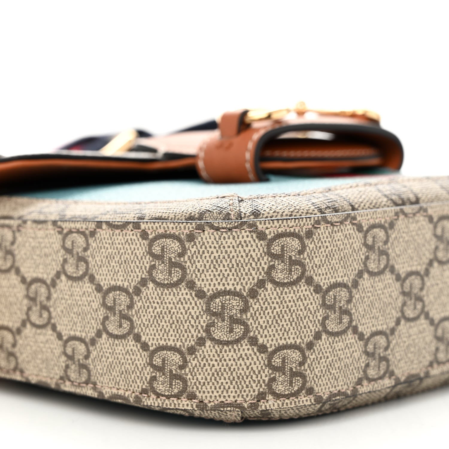 Gucci X DANS LE VERT Textured Dollar Calfskin GG Supreme Monogram Web Mini Horsebit 1955 Shoulder Bag Dusty Azure Beige Ebony 9 of 10