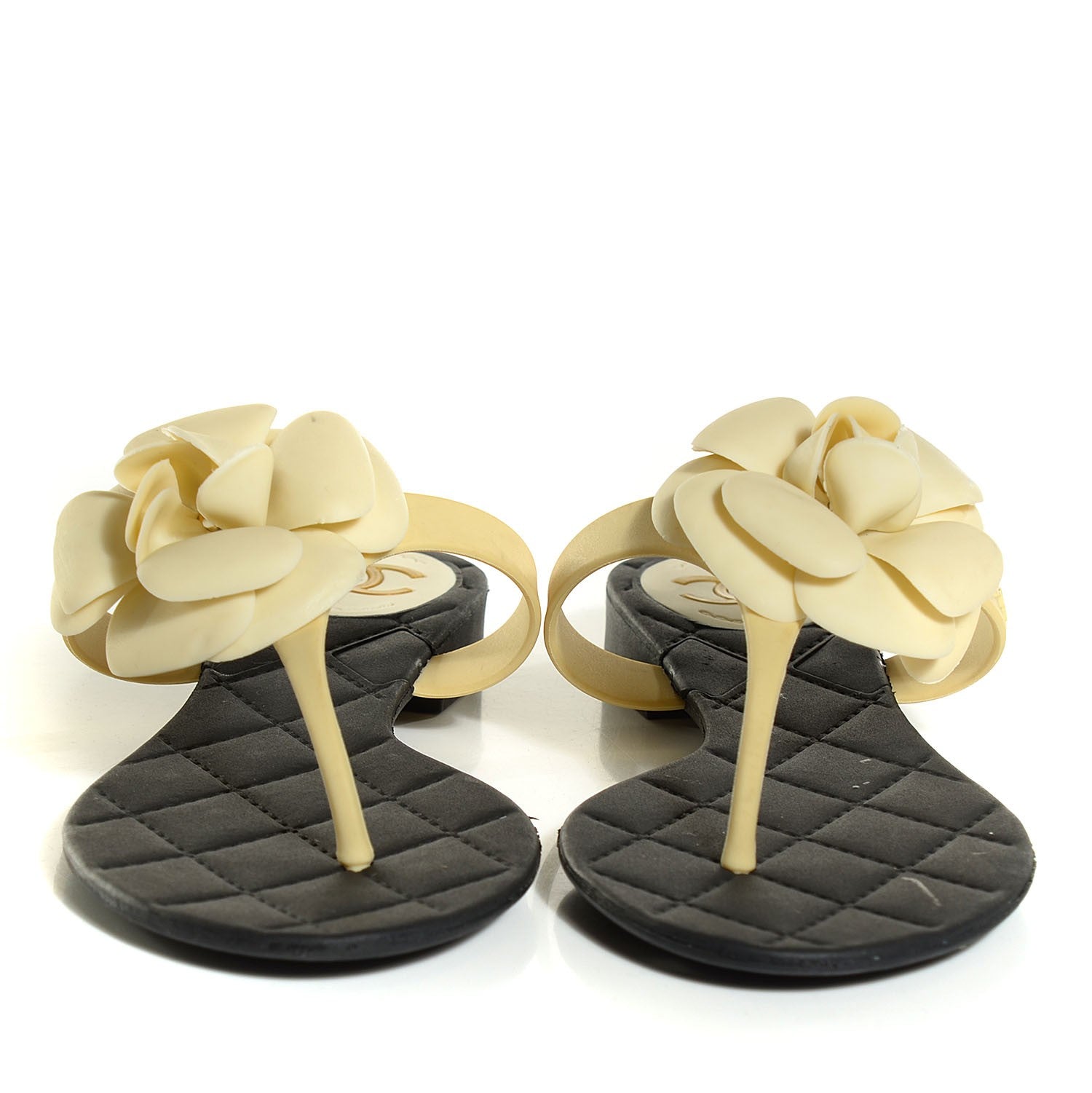 Chanel Jelly Quilted Camellia Thong Sandals 36 Black Beige 2 of 7