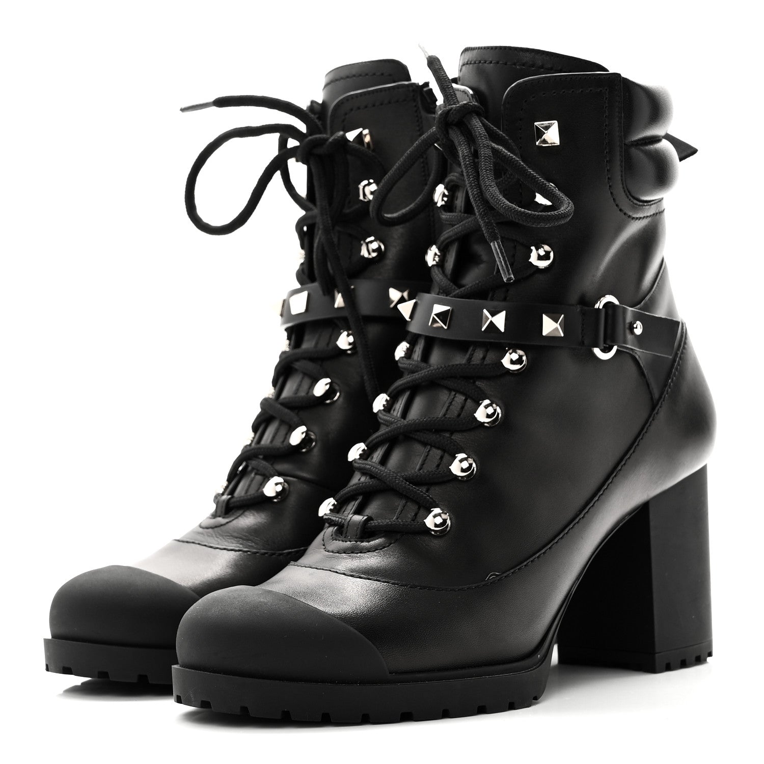 Valentino Garavani Calfskin Rockstud Cap Toe Combat Boots 37 Black 3 of 9