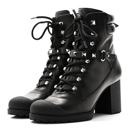 Valentino Garavani Calfskin Rockstud Cap Toe Combat Boots 37 Black 3 of 9