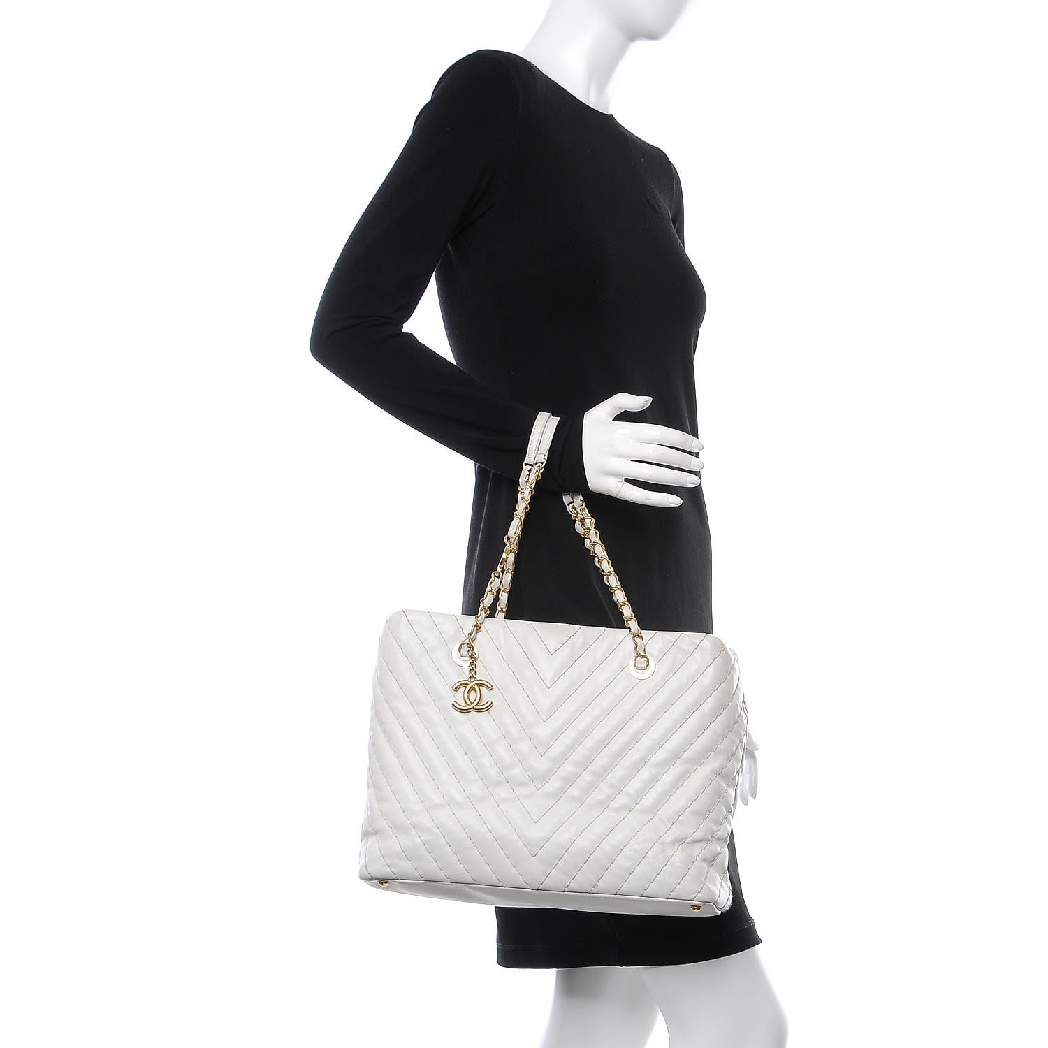 Chanel Calfskin Surpique Chevron Tote White 2 of 16