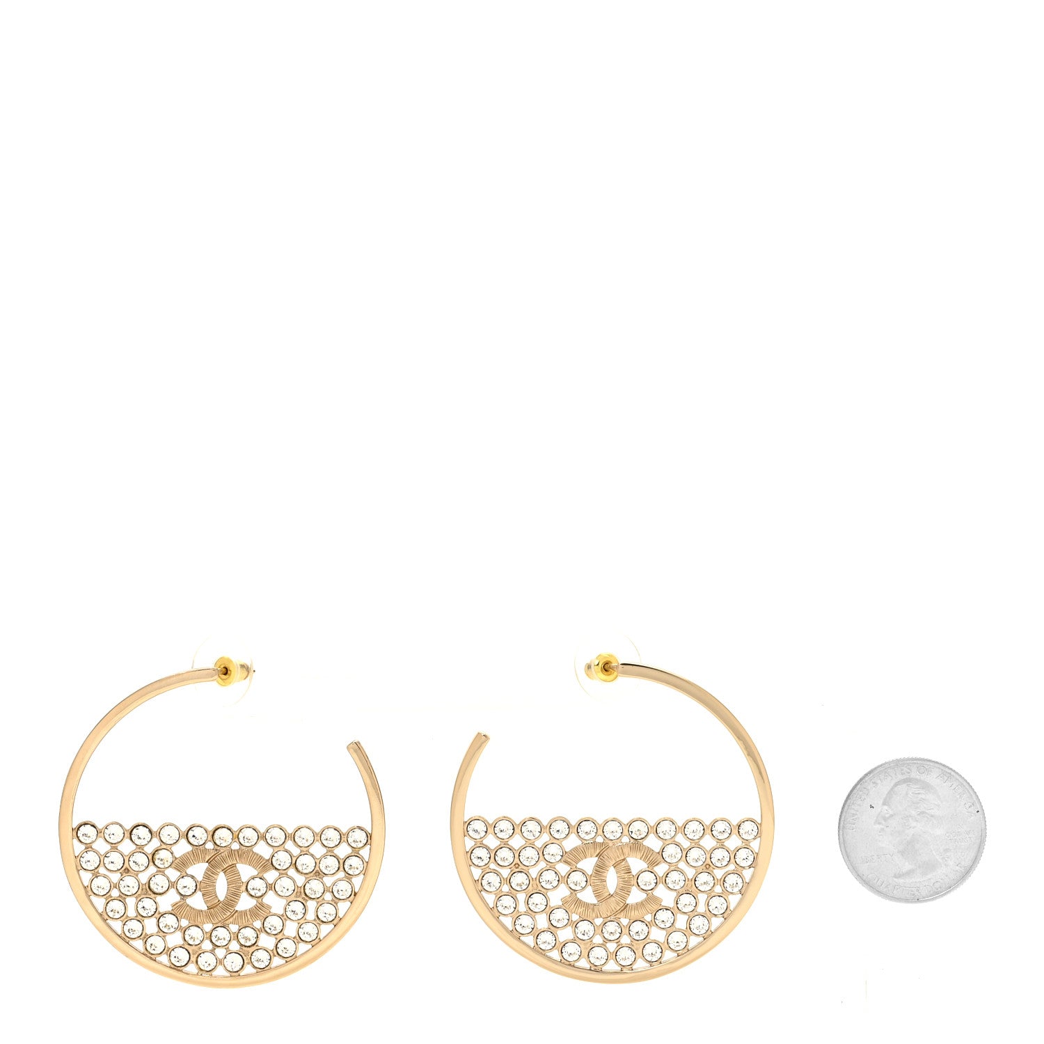 Chanel Metal Strass Crystal CC Hoop Earrings Light Gold 2 of 5