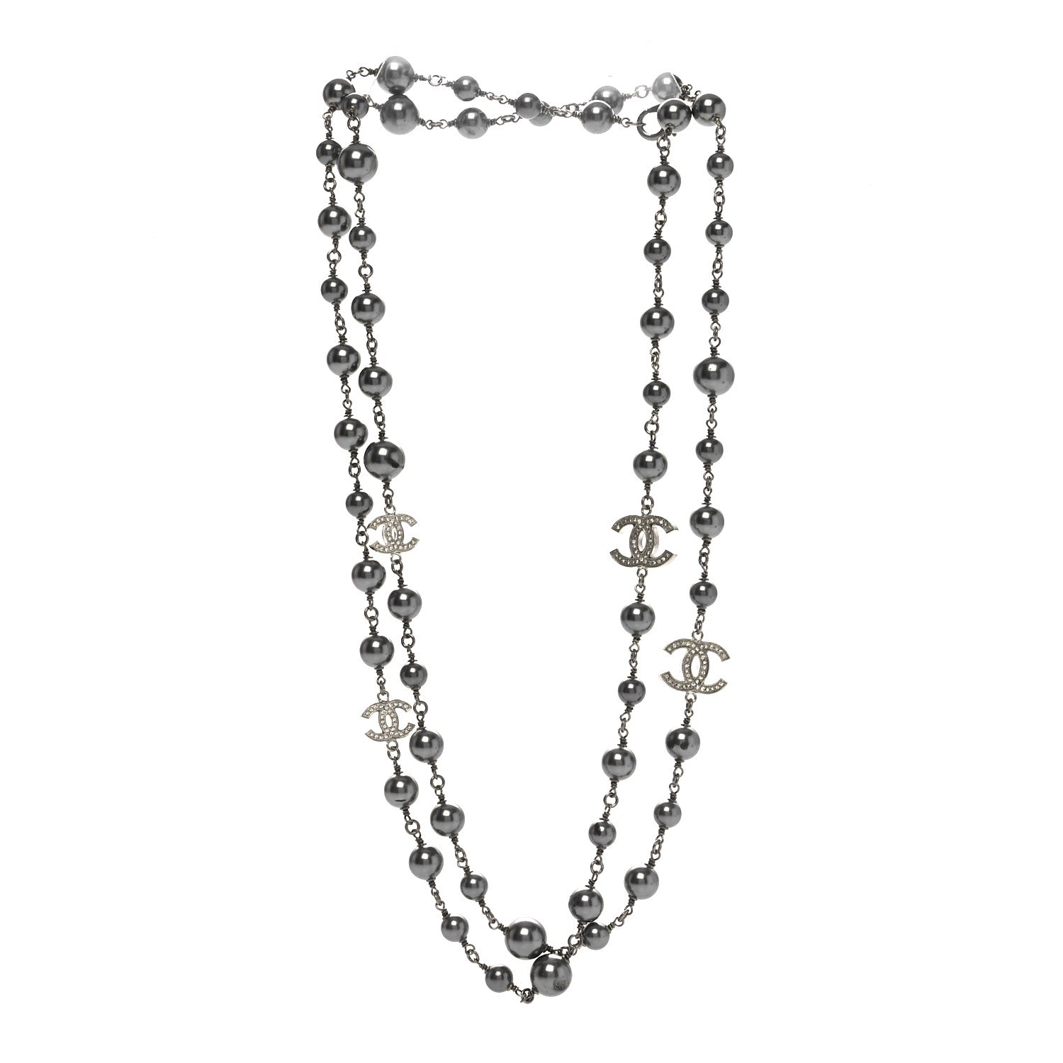 Chanel Crystal Pearl Beaded CC Long Necklace Ruthenium 1 of 5