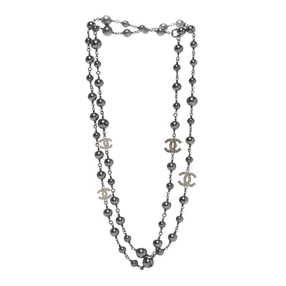 Chanel Crystal Pearl Beaded CC Long Necklace Ruthenium 1 of 5