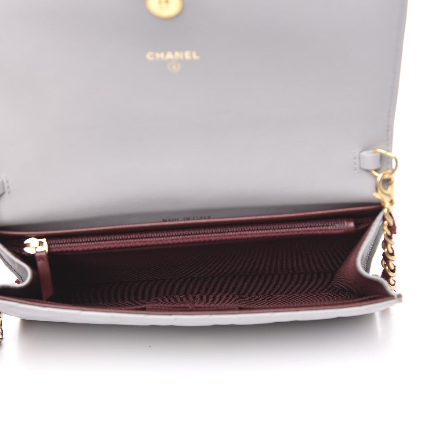 Lambskin Quilted Wallet With Removable Chain Grey Burgundy