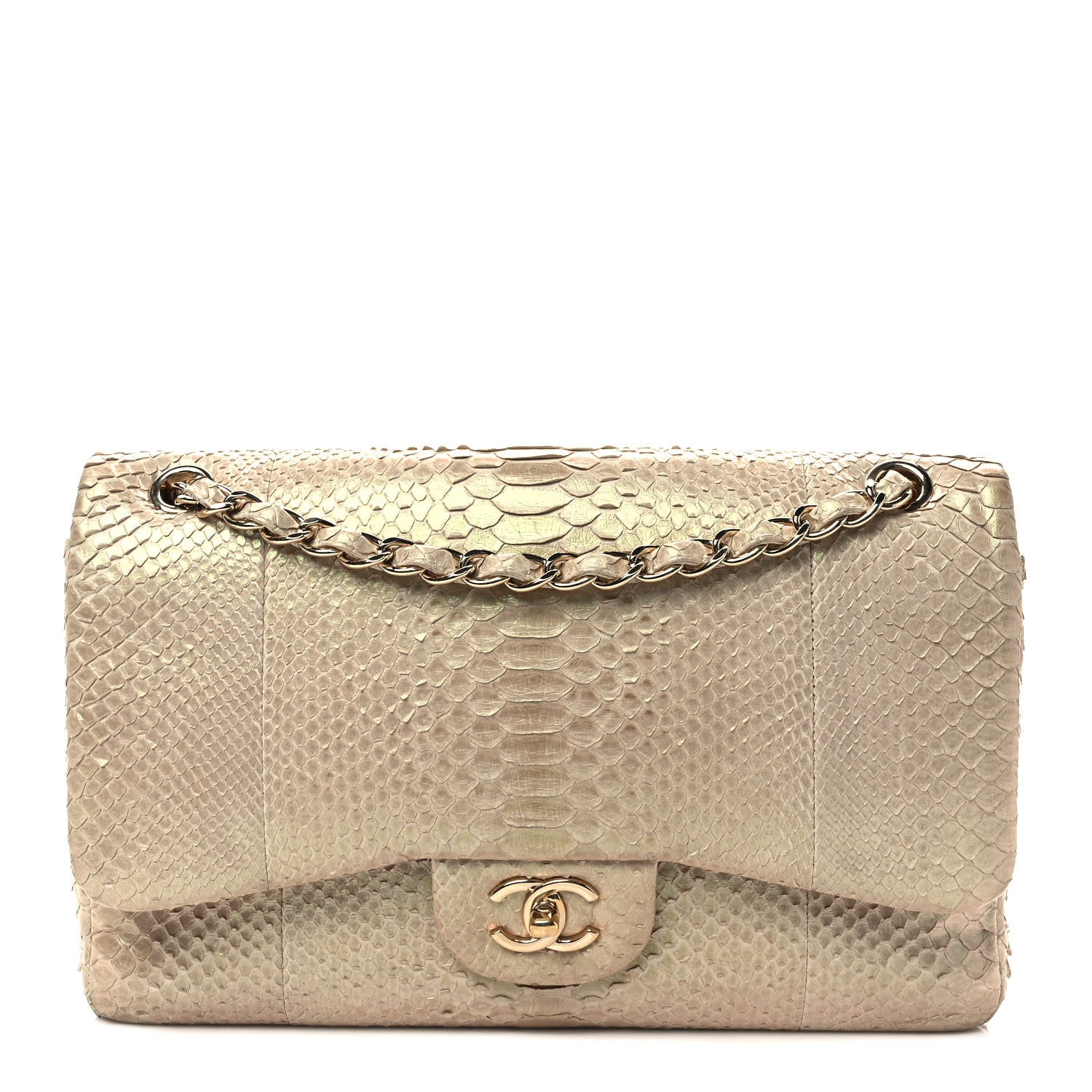 Chanel Metallic Snakeskin Jumbo Double Flap Light Beige 1 of 10